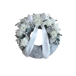 Ezüst Karácsonyi Ajtókoszorú - Fehér rózsákkal, gyöngyökkel - 38 cm 139100040 - Ajtódísz