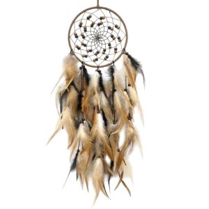 Álomcsapda barna karikával, fa gyöngyökkel és természetes tollakkal - Álomfogó