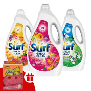 Surf Tekutý prací gél 3x3L balenie s vôňami Tropical Lily, Mountain Fresh, Hawaiian Dream a zadarmo hubka Scrub Mommy - Prací gél