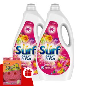 Surf Tropical Lily & Ylang Ylang течен перилен препарат 2x3L с безплатен гъба Scrub Mommy - Детергент
