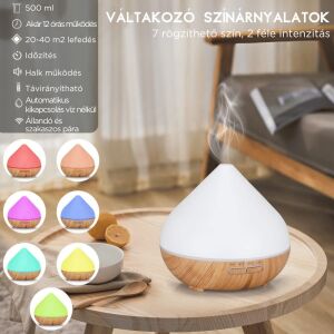 Aromaterapeutický difuzér s náladovým svetlom - 500 ml, diaľkové ovládanie, drevený efekt 139107374 - Difuzér