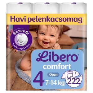 Пелени Libero Comfort Размер 4 (7-14kg) Отворени, 222 броя, сигурно прилепване, двойни бариери против протичане - Чанта за преповиване и Пелена