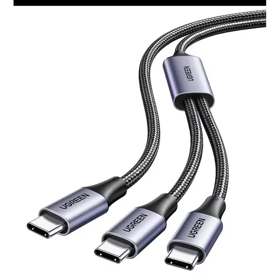 Ugreen захранващ и преносим кабел, "US561", бързо зареждане, USB Type-C към 2 x USB Type-C max 100W, оплетен, 1.5 м, сив