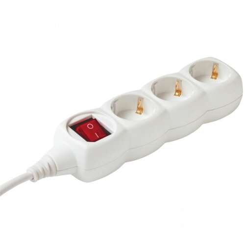White 3-outlet power strip with switch, 3 meter cable