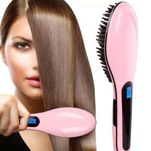 Pink electric hair straightening brush with LCD display, for smooth and shiny hair - Hair styling brush