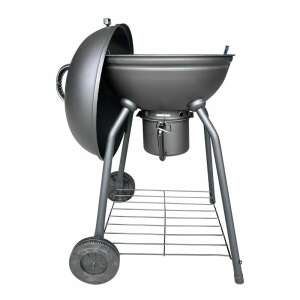 Timeless Tools faszenes grill nyitott fedéllel, látható a hamugyűjtő és a kerekek - Timeless Tools