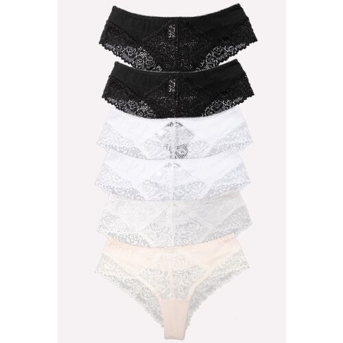 Dollcini, Klasszikus Női Bugyi, Brazil, Csipkés – 95% Pamut+Spandex, Többszínű, 6 db-os Csomag, ZZC_32102_M