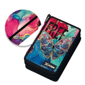 Xscape Butterfly Federmäppchen, ausgestattet mit 10 Filzstiften, 10 Buntstiften, 5 schwarzen Graphitstiften, 1 blauen Stift, 1 Radiergummi, 1 Anspitzer und 1 Lineal - Federmappen