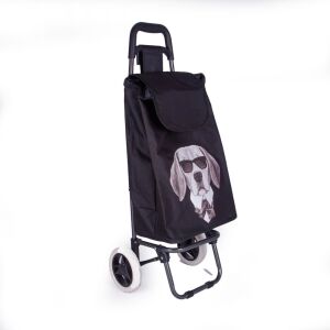 Adorf gurulós bevásárlótáska, fekete kutyás nyomattal, ferde nézet - Bevásárlókocsi