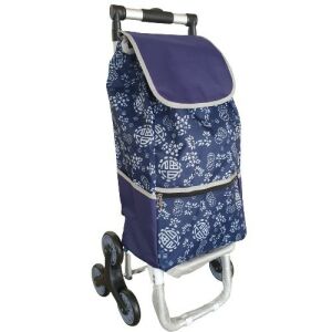Broccoli kék virágos bevásárlókocsi aluvázzal és lépcsőjáró kerekekkel - Bevásárlókocsi