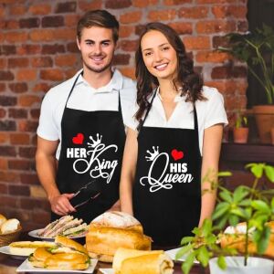 King &amp; Queen konyhai köténykészlet, főzési kiegészítők pároknak, elegáns és ellenálló kötények, szennyeződés elleni védelem, állítható méret, modern és kényelmes kialakítás, fekete színben