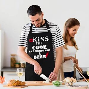 Vicces konyhai kötény Kiss The Cook, ellenálló és kényelmes főzési kiegészítő, unisex állítható kötény, szennyeződés elleni védelem, vicces és modern design a konyhában, fekete színű