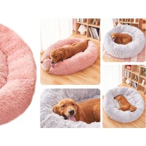 Koláž plyšových pelechov pre psov Bolyhos v ružovej a sivej farbe s relaxujúcimi psami. - Pelechy pre psov