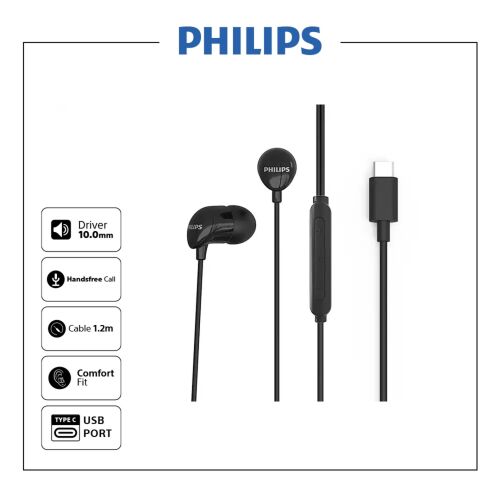 Philips TAE2146BK USB-C fülbe helyezhető mikrofonos fülhallgató, 10mm-es hangszóró, 1.2m kábel - Fülhallgató