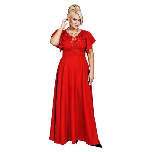 LAURA Piros Brokát Ruha - 52-es Méret, Plus Size, Elegáns