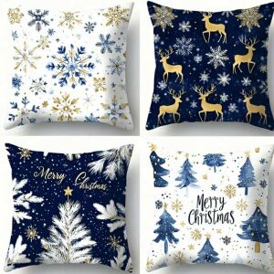 4 darabos, karácsonyi témájú díszpárnahuzat készlet hópehely, rénszarvas, karácsonyfa és 'Merry Christmas' mintákkal. - Díszpárna