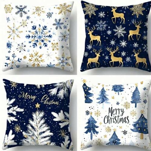 4 darabos, karácsonyi témájú díszpárnahuzat készlet hópehely, rénszarvas, karácsonyfa és 'Merry Christmas' mintákkal.