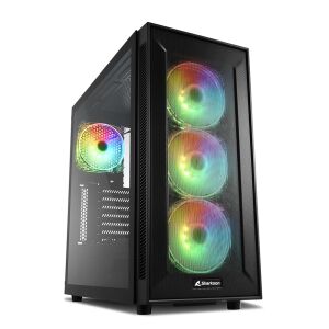 Sharkoon TG6M RGB PC Gehäuse - Schwarz, schräge Ansicht mit RGB-Lüftern - Computergehäuse