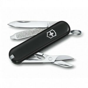 Nyitott Victorinox Classic SD Fekete Svájci Bicska penge, olló és körömreszelő látható - Victorinox