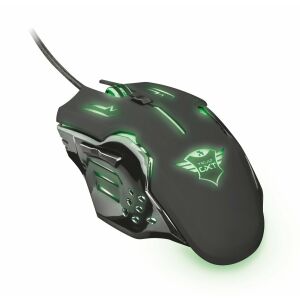 Trust GXT 108 Rava Gaming Maus - Schwarz/Grau, schräge Ansicht, grüne Beleuchtung - Trust