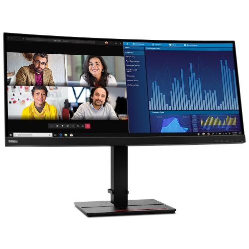 Angewinkelte Ansicht des Lenovo ThinkVision P34w-20 34-Zoll QHD Ultrawide Monitors in Verwendung, der eine Videokonferenz und Datendiagramme anzeigt