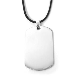 Gravírozható Tüköracél Dögcédula PU Bőr Lánccal - 50x30mm, Ezüst