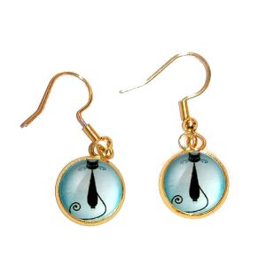 Fekete Cicás Üveglencsés Fülbevaló - Rozsdamentes Acél, Arany vagy Ezüst