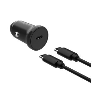 FIXED USB Type-C Autós Töltő - 20W, Power Delivery, USB-C kábellel - Fekete