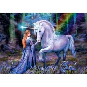 Anne Stokes Collection - Bluebell Wood 1500 Teile Puzzle von Clementoni, mit einer Frau in einem blauen Kleid und einem weißen Einhorn in einer Waldlandschaft - Puzzle