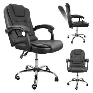 Pepita black faux leather office chair with padded armrests, adjustable height and reclining back - collage view - Furniture