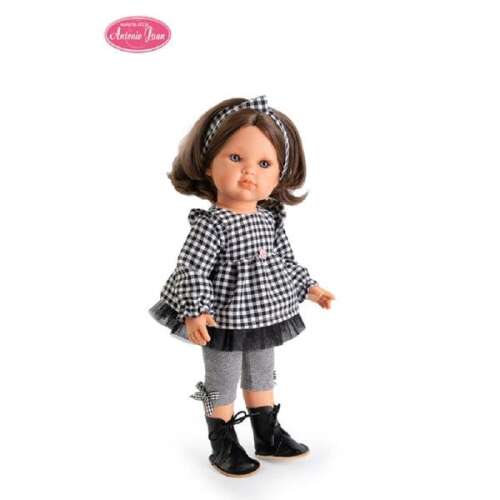 Antonio Juan Bella baba, 45 cm, fekete-fehér kockás ruha, szürke leggings, fekete csizma, fejpánt