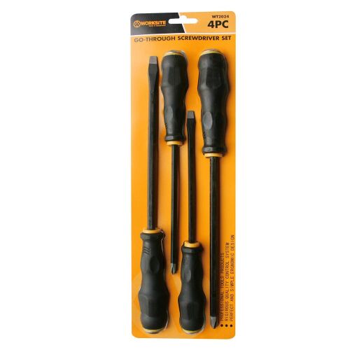 WORKSITE WT2024 4-piece go-through screwdriver set with long shanks, flat and Phillips heads, magnetic and hardened tips