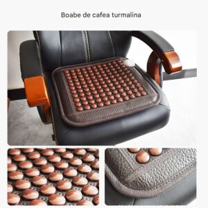 Suport de sezut pentru scaun cu pietre de jad cu incalzire turmalina Arvada® KingRelax, raze Infrarosii, temporizator caldura 45x54cm (stimulator personal cu caldura). model turmalina fasole