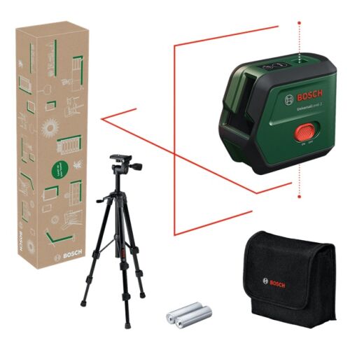 Bosch UniversalLevel 2 laser level kit with tripod, pouch, and batteries