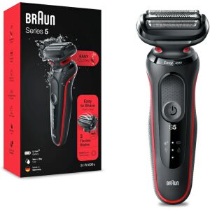 Електрическа самобръсначка Braun Series 5 51-R1000s за мокро и сухо бръснене, AutoSense, лесно почистване, лесно щракване, 3 режещи елемента, червено/черно