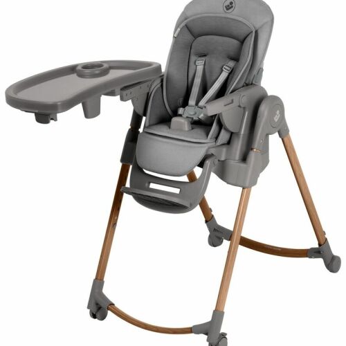 Minla PLUS high chair in grey with wooden legs, adjustable height and removable tray