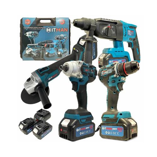 Hitman 4 az 1-ben Akkumulátoros Szerszámgép Készlet: Ütvecsavarozó, Véső-Fúrókalapács, Ütvefúró-csavarbehajtó, Sarokcsiszoló