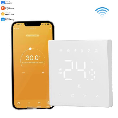 WIFI intelligens termosztát, Zadabso®, 16A, gáz vagy elektromos padlófűtés, Tuya App Control, Smart Life, Apple Home, Smart Thing, LCD képernyő, hangvezérlés, fehér színű. 139524339