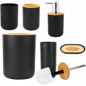 Macvi® Fürdőszobai szett 6 darabos matt fekete színű, fa díszítéssel, szemetes, WC kefe, szappanadagoló, WC kefetartó, szappantartó és szappantartó tálka