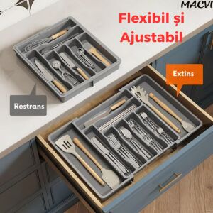 Macvi® Hosszabbítható szervező 8 rekeszes, fiókba, Moduláris rendszer evőeszközök és konyhai eszközök számára, szürke