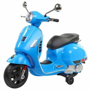 Macvi® elektromos roller 3-8 éves gyerekeknek, valósághű Vespa kivitelben, 2 újratölthető 6V-os akkumulátorral, funkcionális lámpákkal, segédkerékkel, audiorendszerrel és tükrökkel, 6 km/h-ig, kék színben.