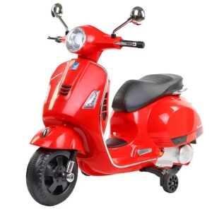 Macvi® elektromos roller 3-8 éves gyerekeknek, valósághű Vespa kivitelben, 2 újratölthető 6V-os akkumulátorral, funkcionális lámpákkal, segédkerékkel, audiorendszerrel és tükrökkel, 6 km/h-ig, piros színű