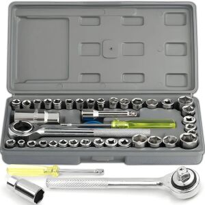 Macvi® 40 darabos Cr-V acél szerszámkészlet racsnival, metrikus csöves racsnifejjel, SAE adapterrel és hosszabbítóval a csomagban