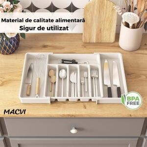 Macvi® Hosszabbítható szervező 8 rekeszes, fiókba, Moduláris rendszer evőeszközök és konyhai eszközök számára, Fehér színű