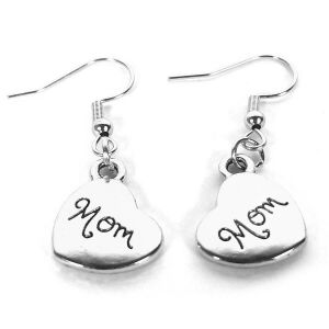 Anya/Mom Szív Fülbevaló - Ezüst Szív, Választható Akasztó Szín
