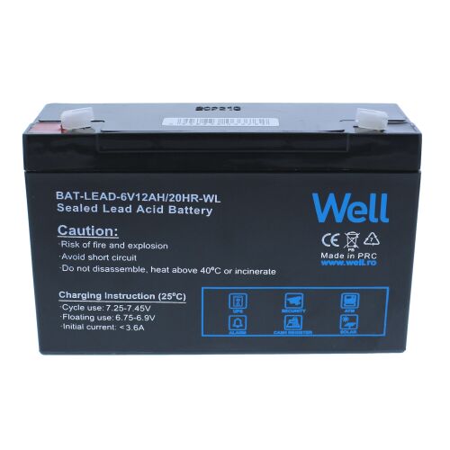 Well 6V 12Ah Zárt savas ólom akkumulátor UPS-hez, riasztórendszerekhez és játék járművekhez