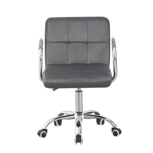 Szürke bársony irodai szék króm vázzal és karfákkal, elölnézet