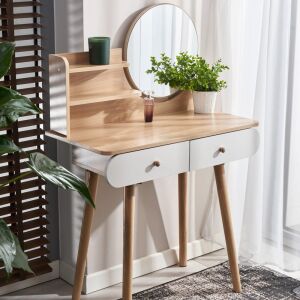 Toaletný stolík Ravena biely a buk s zrkadlom a dvomi zásuvkami - Sersimo