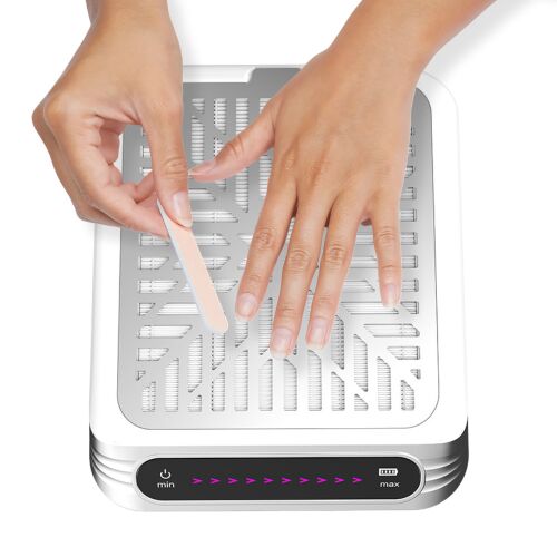 Colector de praf pentru unghii reîncărcabil profesional BLUEQUE în uz, alb