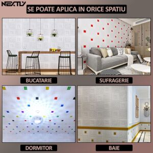 NEXTLY Tapetă autoadezivă 3D exemple de utilizare: bucătărie, sufragerie, dormitor, baie - Design interior